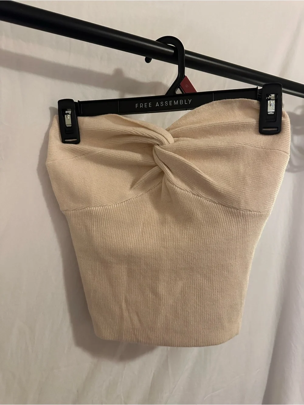 Cream Strapless Twist-Front Knit Top